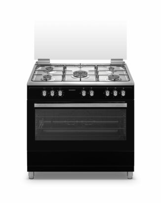 Cuisinière gaz 4 brûleurs + four 90 cm noir mat