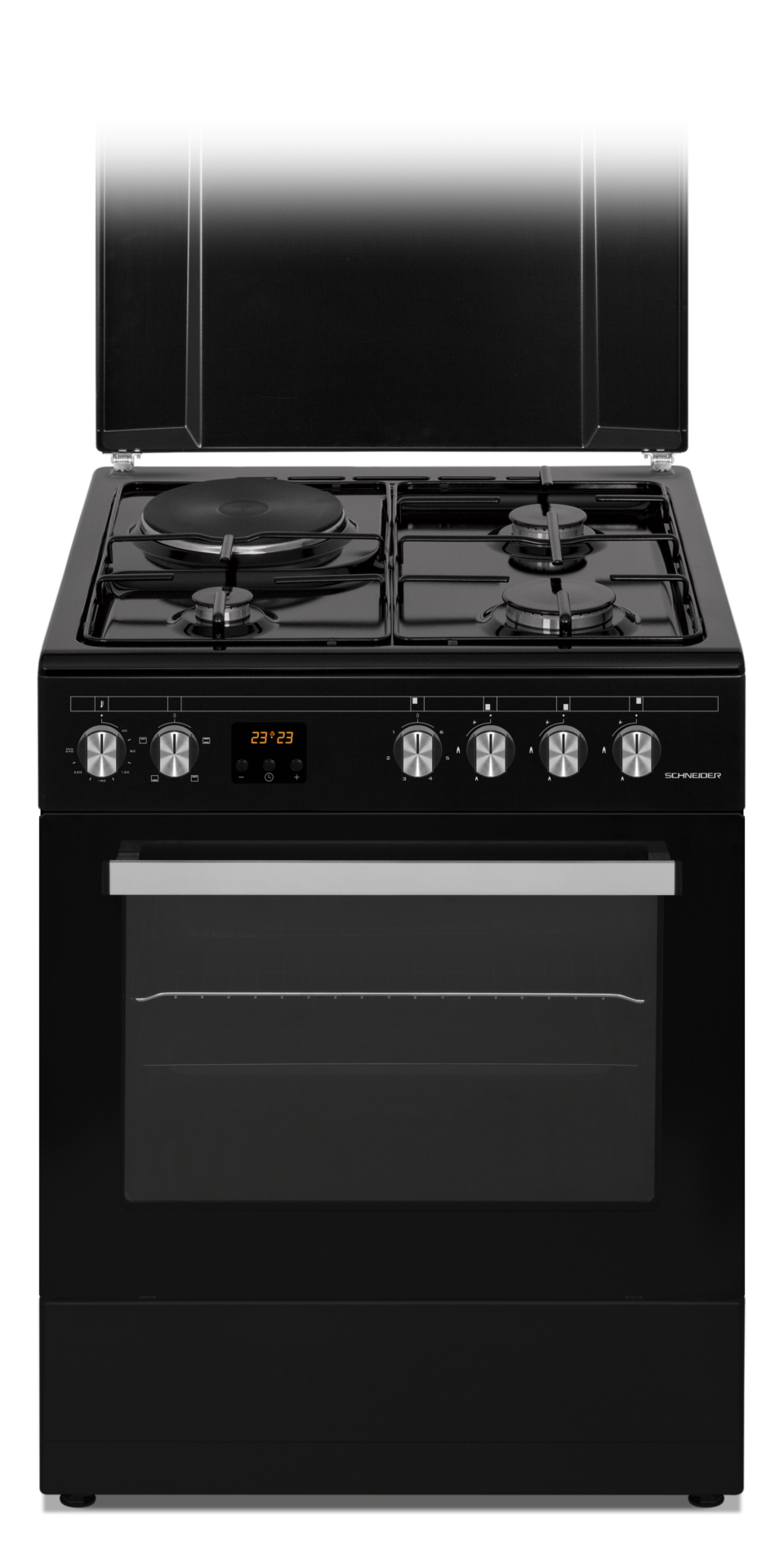 Cuisinière mixte 3 feux gaz + 1 feu électrique blanche - SCG631CW -  Schneider