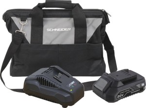 Pack 20 V batterie Li-ion 2 Ah avec chargeur 2,4 Ah et sac de transport noir