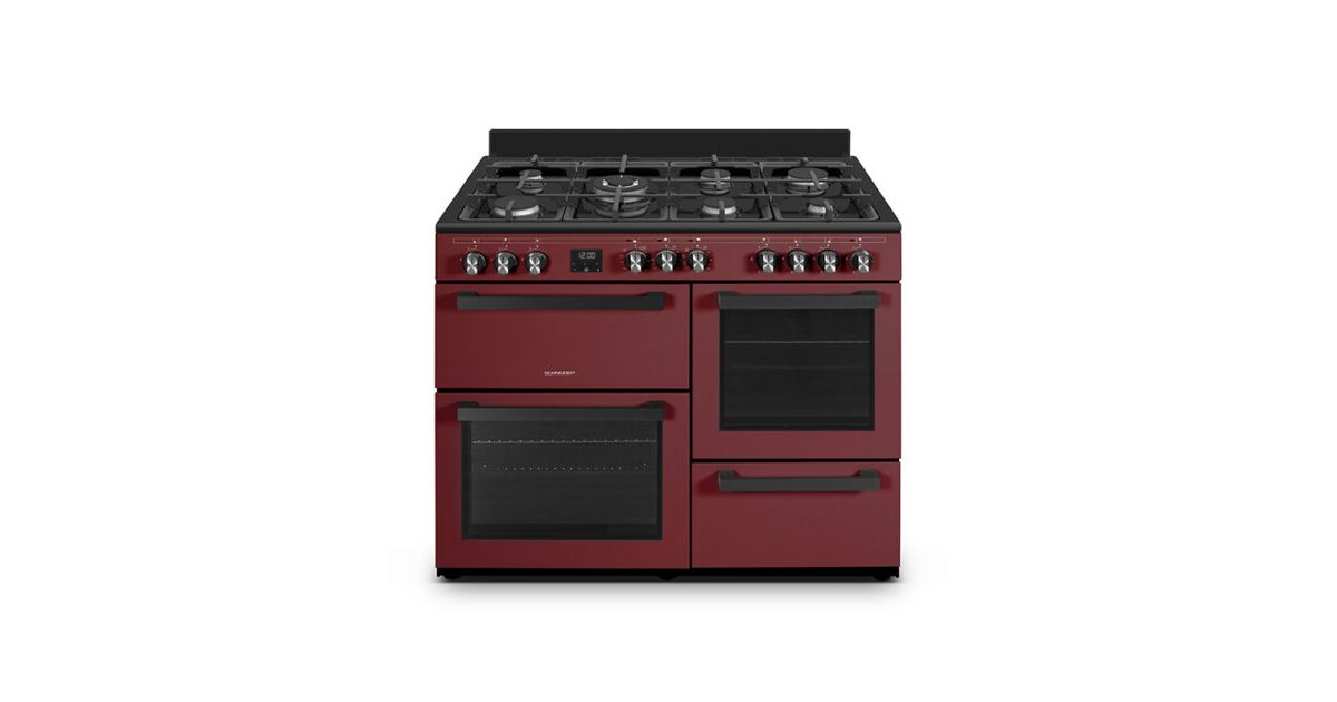Piano de cuisson 7 brûleurs gaz + 3 fours électriques bordeaux