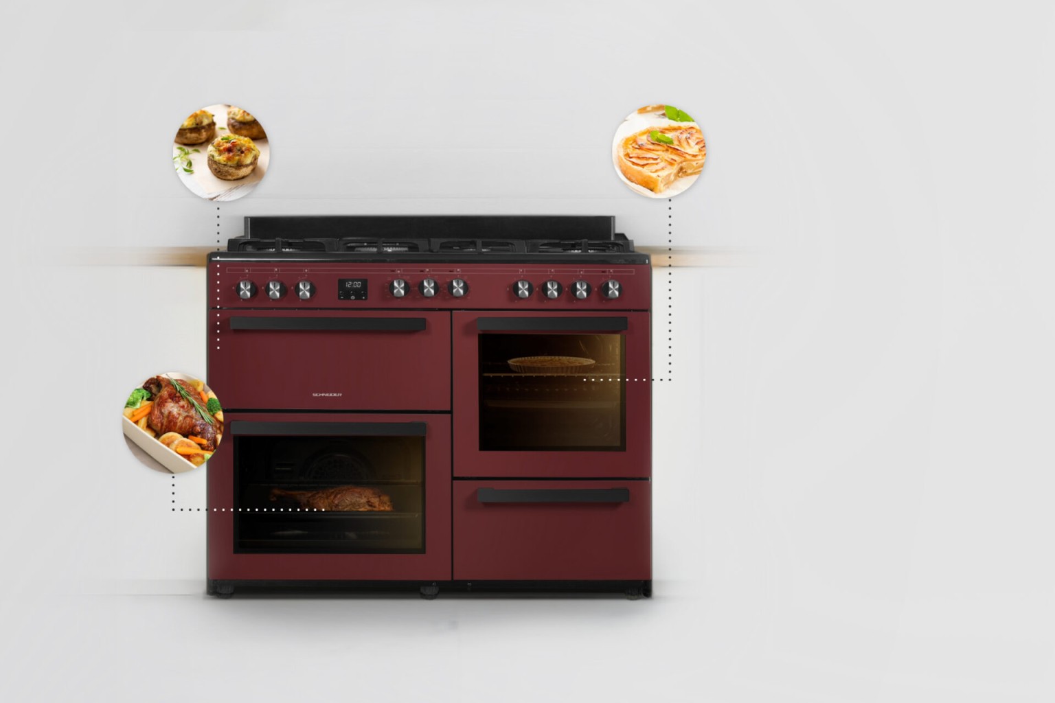 Piano de cuisson - scg71mfwr - 7 feux gaz - wok - largeur 100cm - 3 fours  électrique - rouge - schneider - Conforama